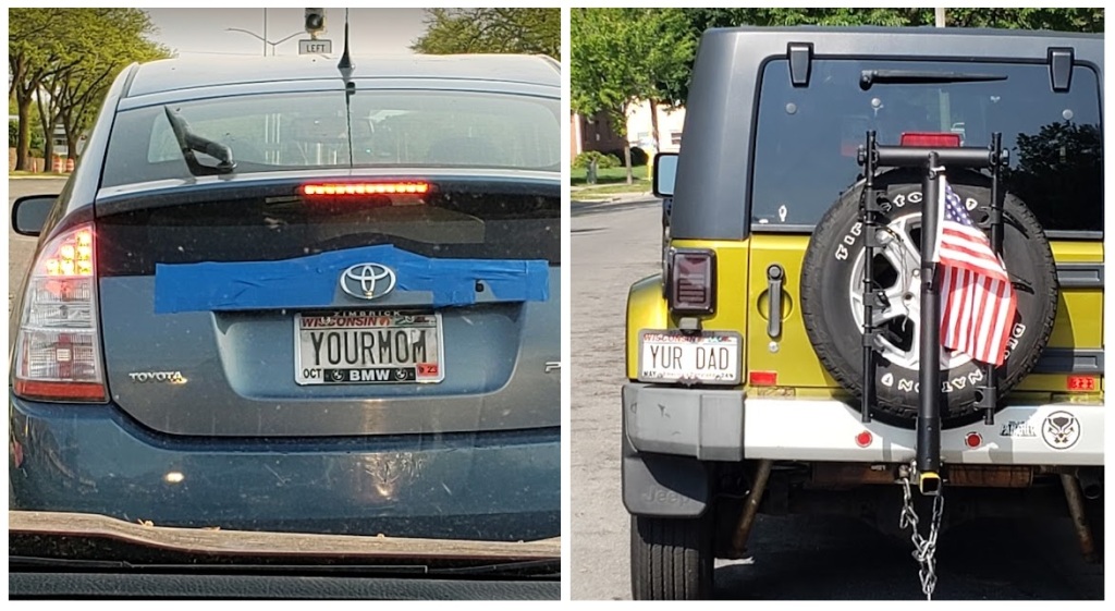 Photo of personalized license plates on two cars: first one reads YOUR MOM and the other one reads YUR DAD